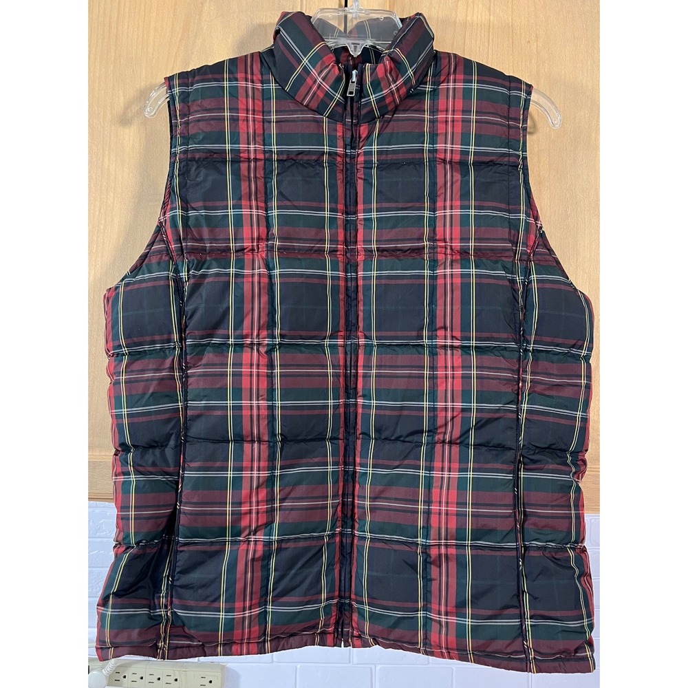 Eddie Bauer Puffer Vest Mens XL Tall Red Plaid Goose Down Full Zip Quilted